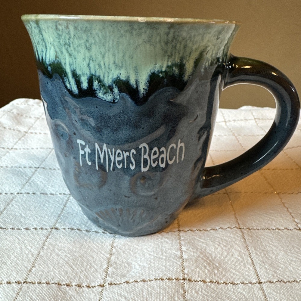 Handmade Ceramic Coffee Mug Ft Myers Beach Glazed Ocean & Seashells‎ 16 Oz  READ